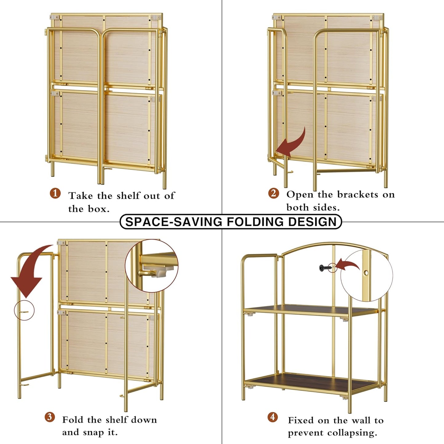 Crofy No Assembly Folding Bookshelf for Living Room, 2 Tier Gold Collapsible Book Shelf for Home Office, Portable Bookcase Storage Organizer