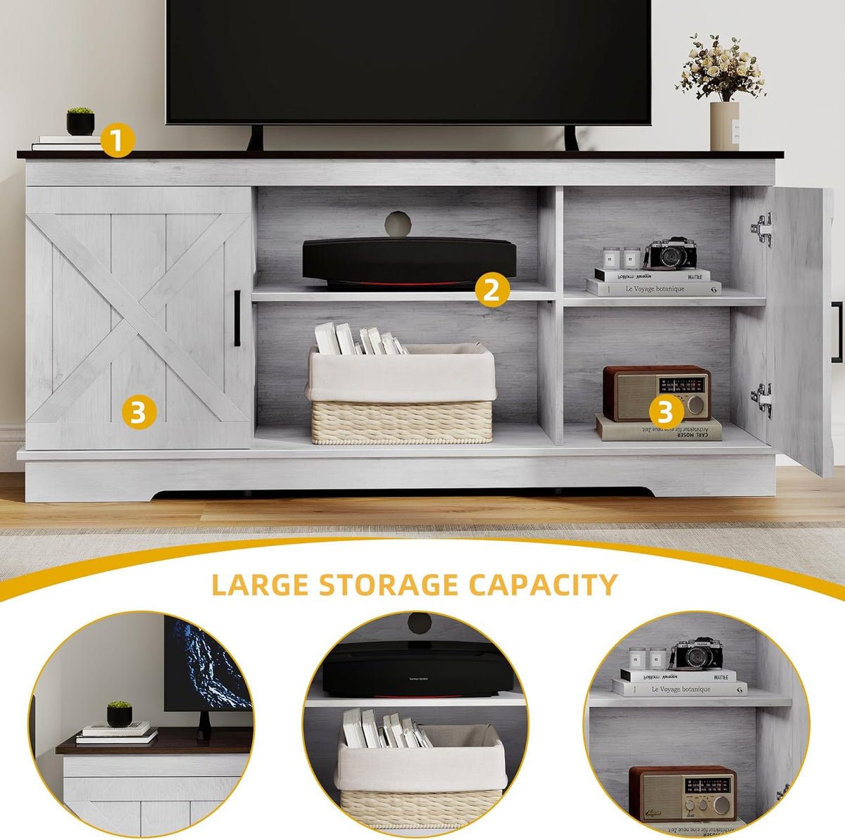 DWVO Farmhouse TV Stands for Living Room, Entertainment Center with Storage, TV Stand for 65 Inch TV with Double Barn Doors & Storage Cabinets, Rustic TV Cabinet Media Console, Espresso & Grey White