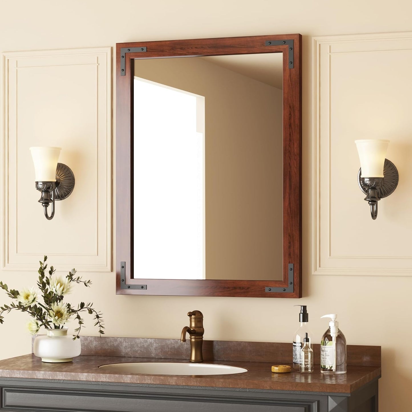 VocalStar Rustic Wood Framed Mirror 22 x 30 Inch, Natural Dark Brown Wooden Rectangle Bathroom Vanity Wall Mirror for Farmhouse Boho Decor, 1/4-inch Shatterproof Glass | Waterproof