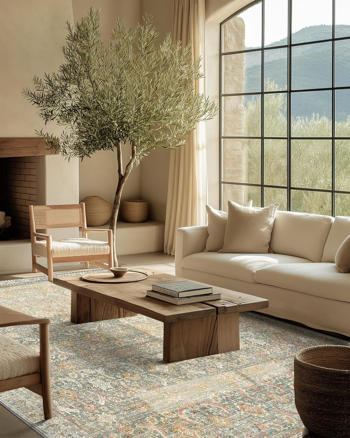 10X14 Area Rugs Machine Washable Rugs for Living Room, Vintage Boho Large Rugs for Bedroom Dining Room, Non Slip Indoor Soft Distressed Lightweight Thin Low Pile Carpet, Turmeric