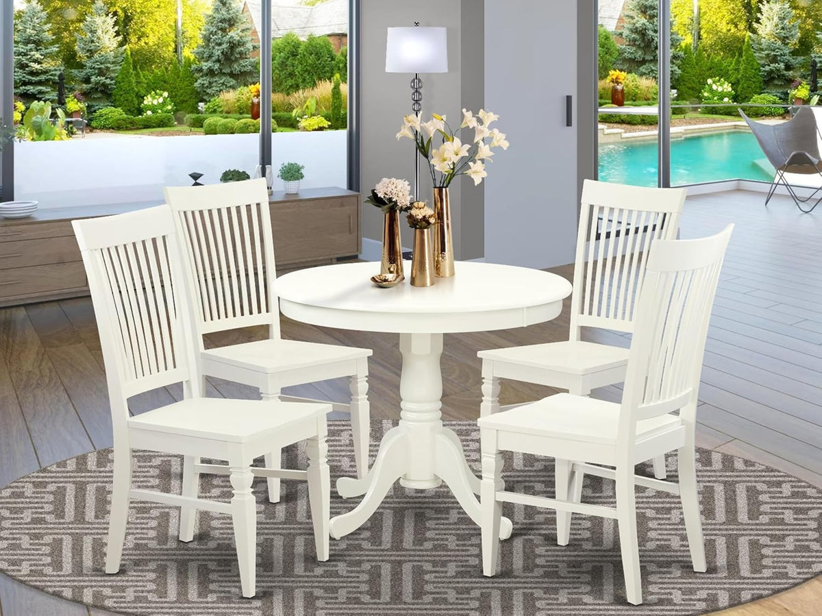 East West Furniture ANWE5-LWH-W 5 Piece Dining Room Table Set Includes a Round Kitchen Table with Pedestal and 4 Dining Chairs, 36x36 Inch, Linen White