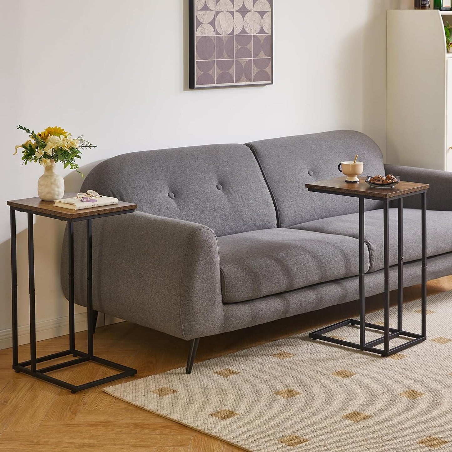 Side Table Small End Table C Shaped, Slide Under Laptop Desk for Couch, Living Room Side Table, TV Trays for Eating on Couch, Rustic Brown+Black YD-TM051HB
