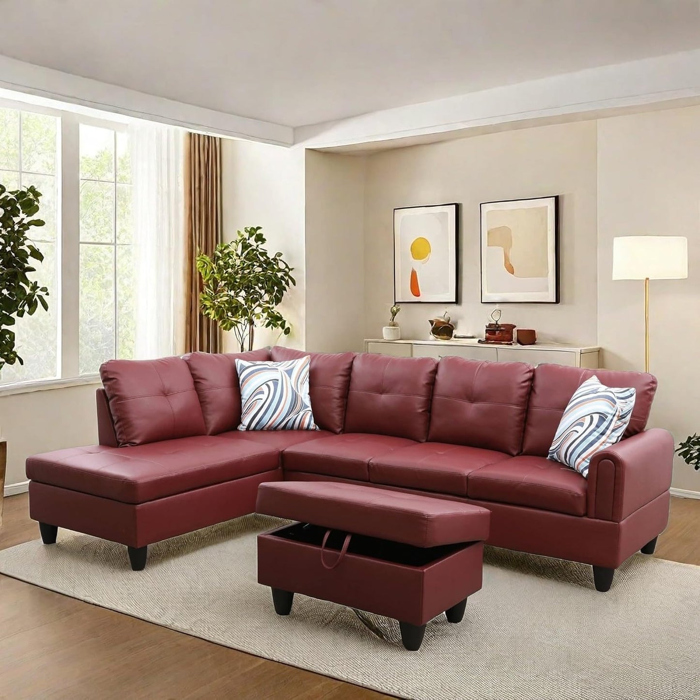 NAYSAYE Sectional Couch with Ottoman Storage, L Shaped Couch Sofa Furniture Sets, Modern Comfy Modular Comfy Sofa for Living Room Bedroom, Office and Apartment, Red