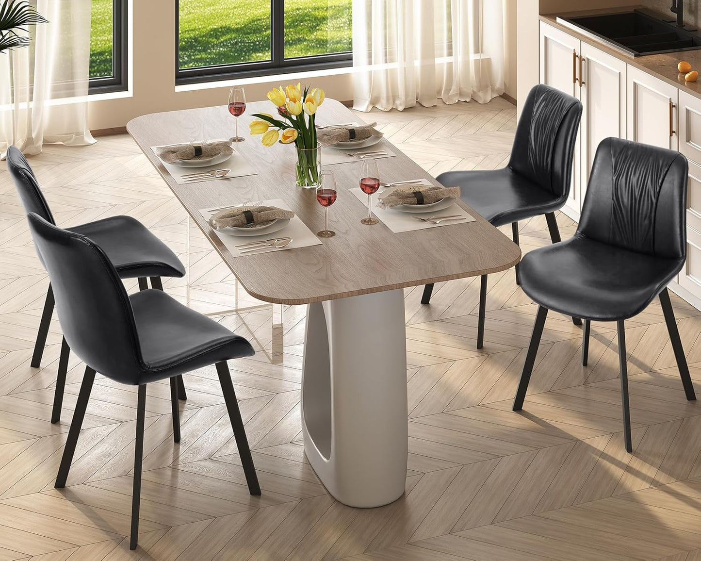 Upholstered Dining Chairs Set of 4, Modern Kitchen & Dining Room Chairs, Faux Leather, Sturdy Metal Legs, for Living Room, Cafe & Restaurant- Black