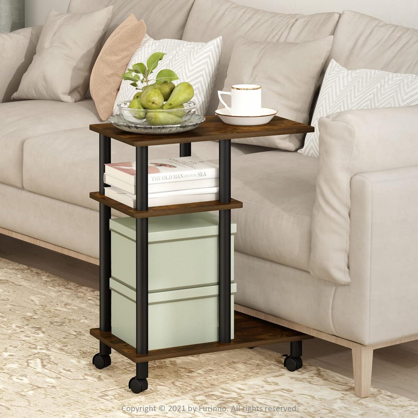 Furinno Turn-N-Tube C Shaped Side Table with Casters, Amber Pine/Black