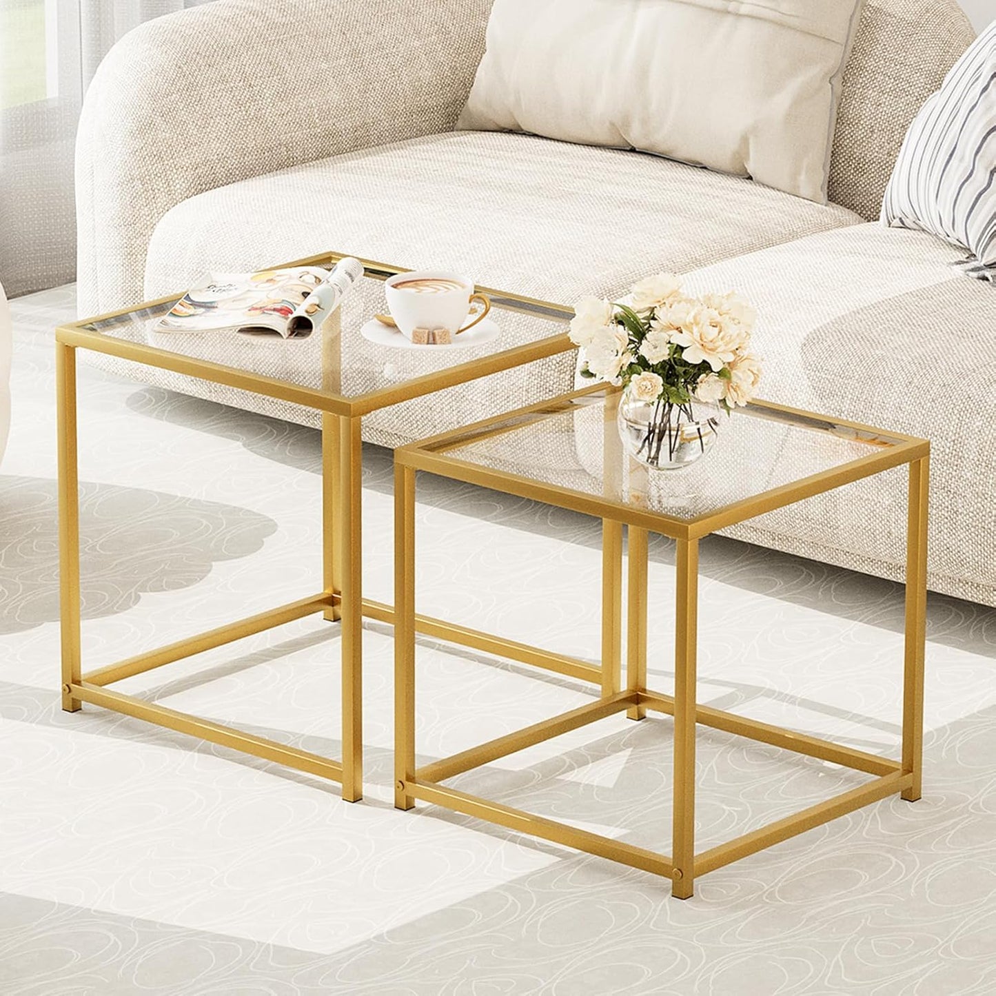 Garden 4 you Coffee Table Set of 2, Modern Glass Nesting Table, Metal Frame Square Center Table Set, Side Tables, Nesting Coffee Table for Living Room, Bedroom and Small Spaces, 19.7in Gold