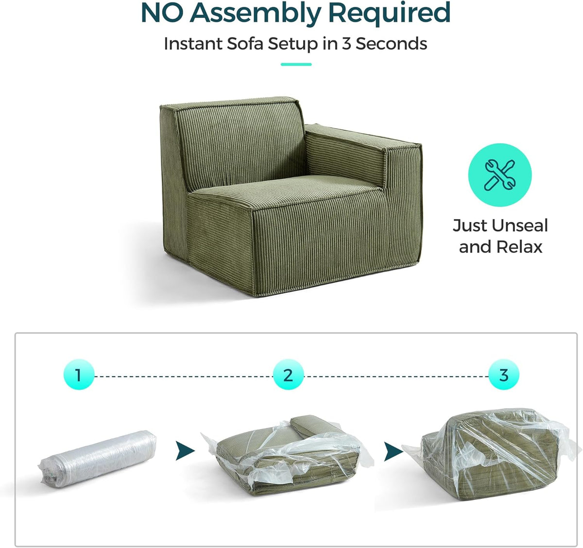 LINSY HOME Modular Sectional Sofa, 105" Boneless Couch L Shaped 3-Seat Sofa with Ottoman, Corduroy Sectional Cloud Couches for Living Room, No Assembly Required, Green
