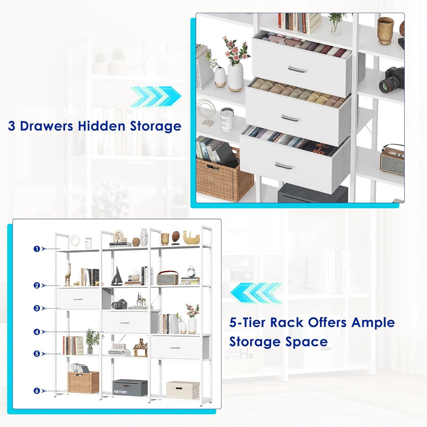 73.6" Tall Bookshelf with 3 Drawers and 16 Storage Shelves, Industrial Bookcase with 16 Open Display Shelves, Large Etagere Bookshelf, Triple Wide Book Shelf Book Case for Home & Office, White