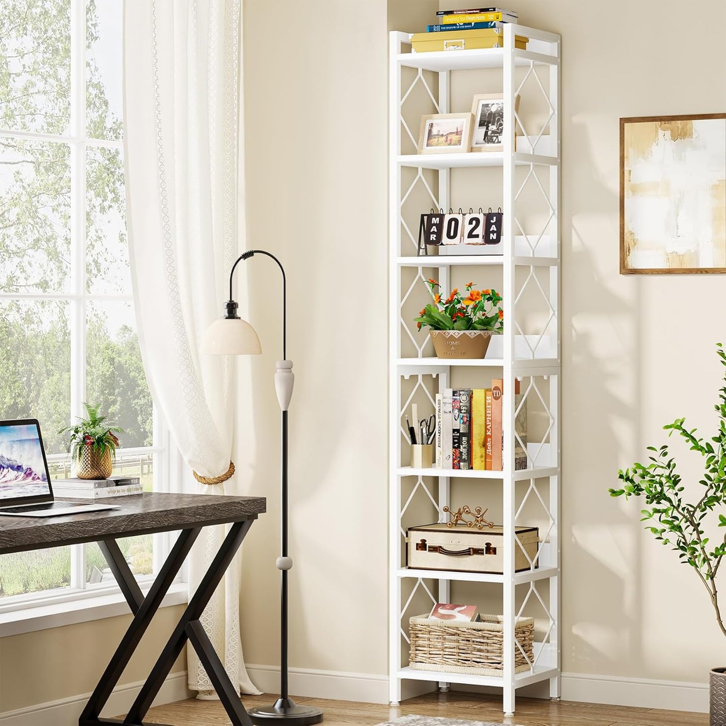 Tribesigns 78.7 Inch Extra Tall Narrow Bookshelf, 7 Tier Skinny Bookcase for Small Spaces, Freestanding Display Shelves, Multifunctional Corner Storage Organizer for Home Office, White
