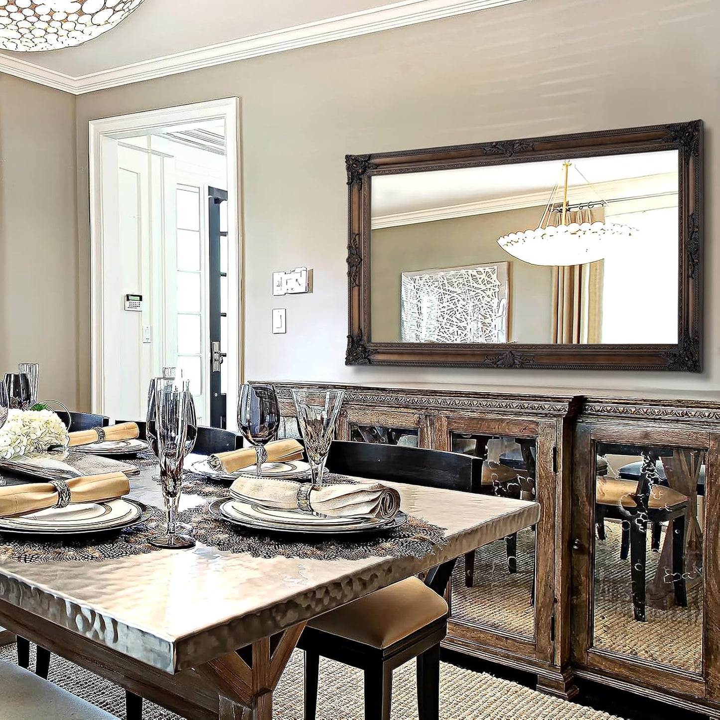 Large Bronze Mirror, 53''x29.5''Vintage Mirrors with Ornate Wooden Frame, Decorative Mirror for Living Room Dining Room Hallway, Horizontal/Vertical