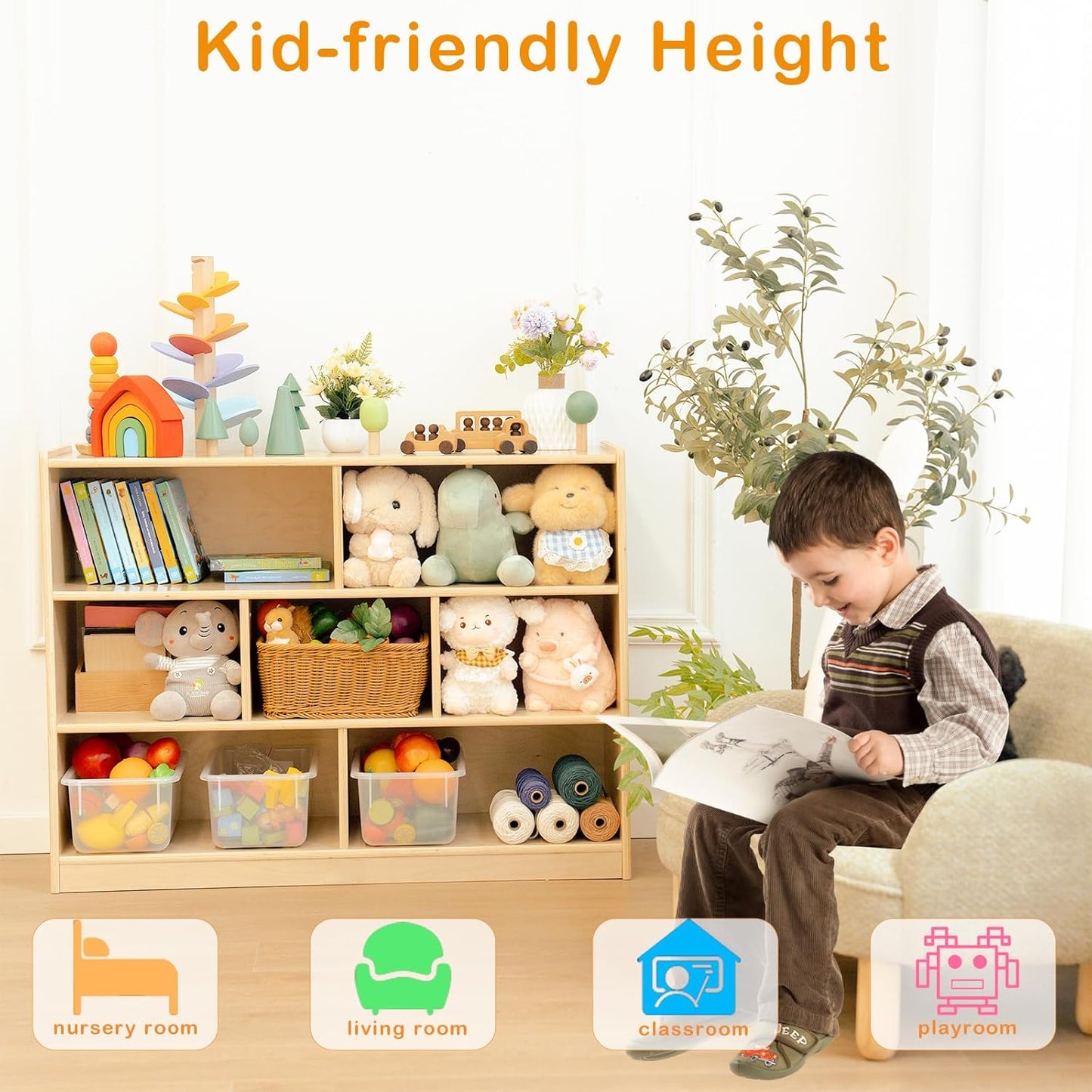 Kids Bookshelf and Toy Storage Shelf, Wooden Montessori Bookshelf, 3-Tier Toy Shelves with 7 Cubby, Classroom Furniture, Birch Children Bookcase, Book Shelf for Kids Room, Nursery, Playroom