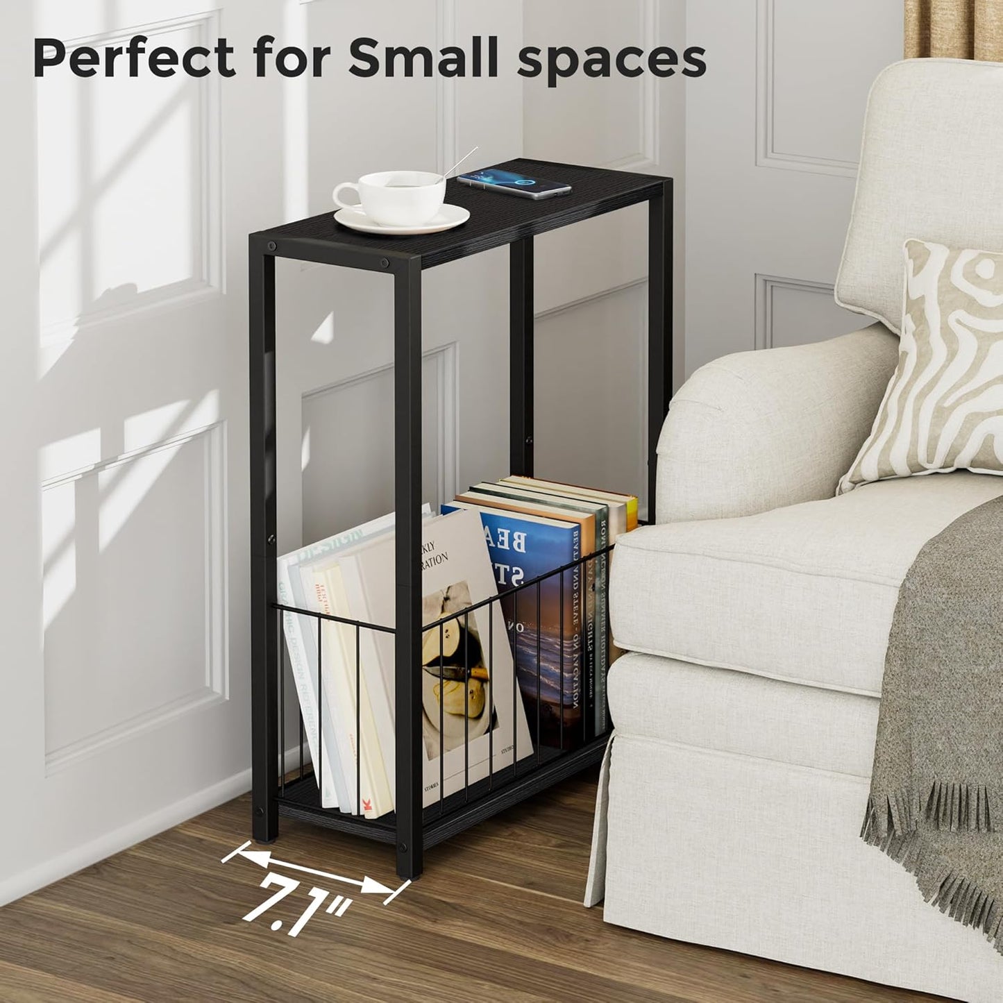 Narrow Side Table with Magazine Holder, Skinny End Table Perfect for Small Spaces, Space-Saving Design for Living Room, Bedroom, or Office, 7.1" D x 16.9" W x 23.6" H, Black