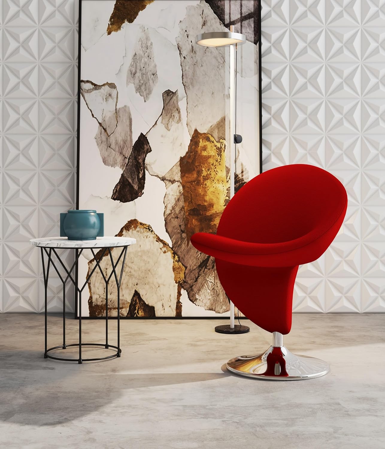Manhattan Comfort Curl Swivel Accent Chair Set of 1 with 360° Turn, Fully Assembled, Upholstered in Wool Blend, Modern Ergonomic Design with Polished Chrome Base, Set of 1, Red