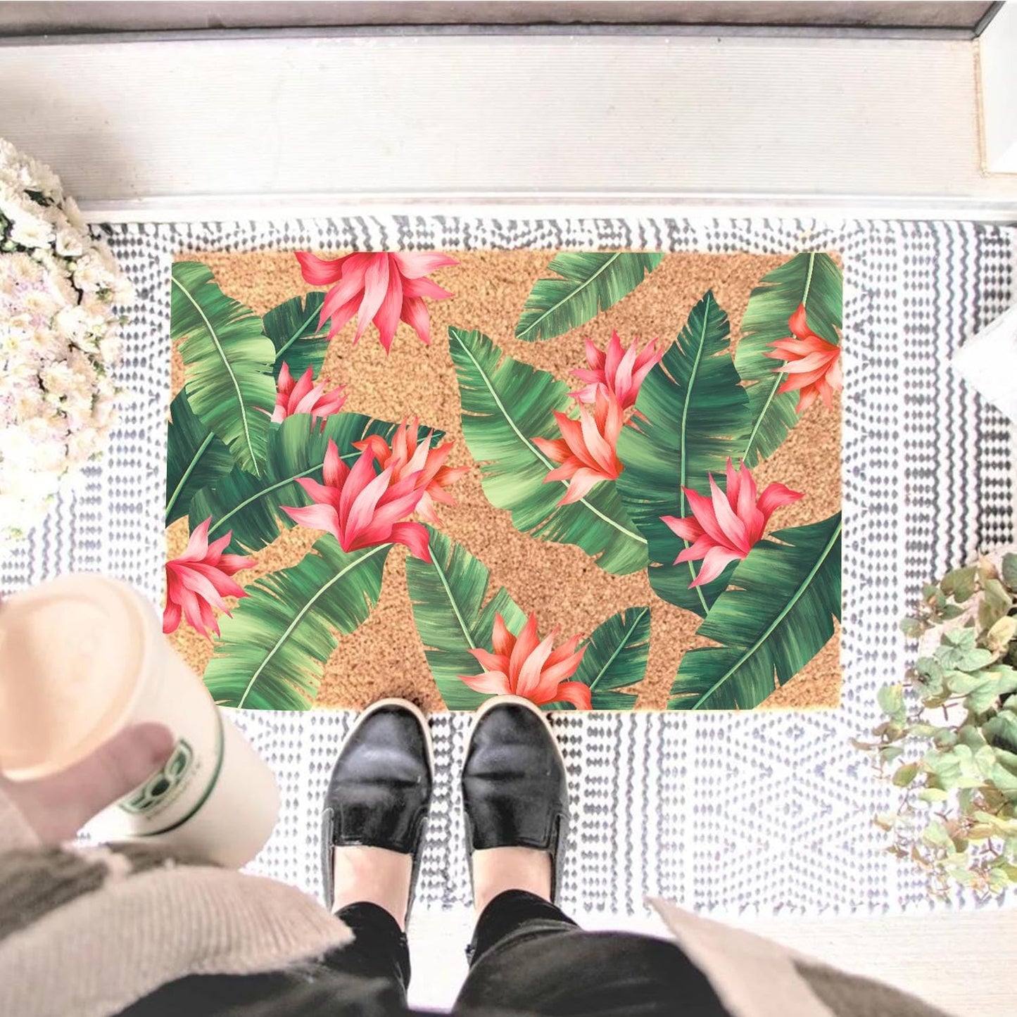 Funny Coir Doormat Beautiful Print with Palm Tree Leaves Front Door Mats Entryway Outdoor Mat with Heavy Duty Front Porch Welcome Mats Entry Natural Coir House Warming Gift Mat 23.7 x 15.7 inch