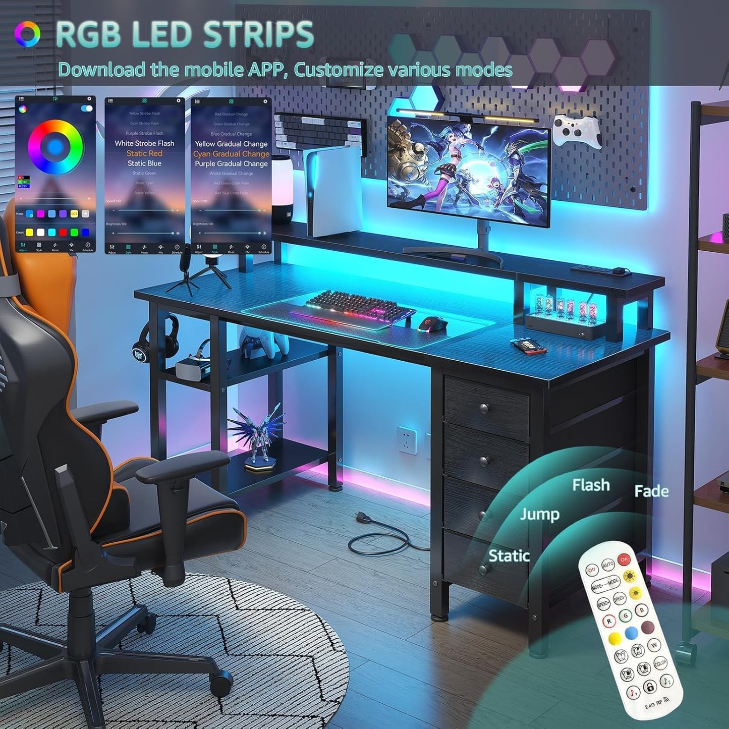 Lufeiya Black Gaming Desk with LED Lights and Power Outlets, 47 inch Computer Desk with Fabric Drawers and Storage Shelves, Home Office Desk with Monitor Stand, Black
