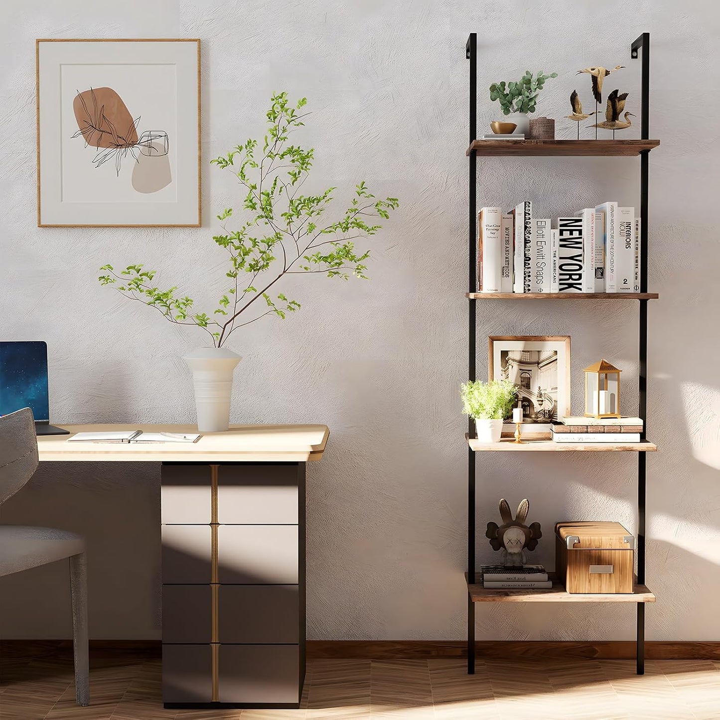 Ladder Shelf 4 Tiers Metal Industrial Bookshelf,Brown Wood Tall Open Storage Rack and Display Shelves,Wall Mount Wide Book Case for Home Office Bedroom,Small
