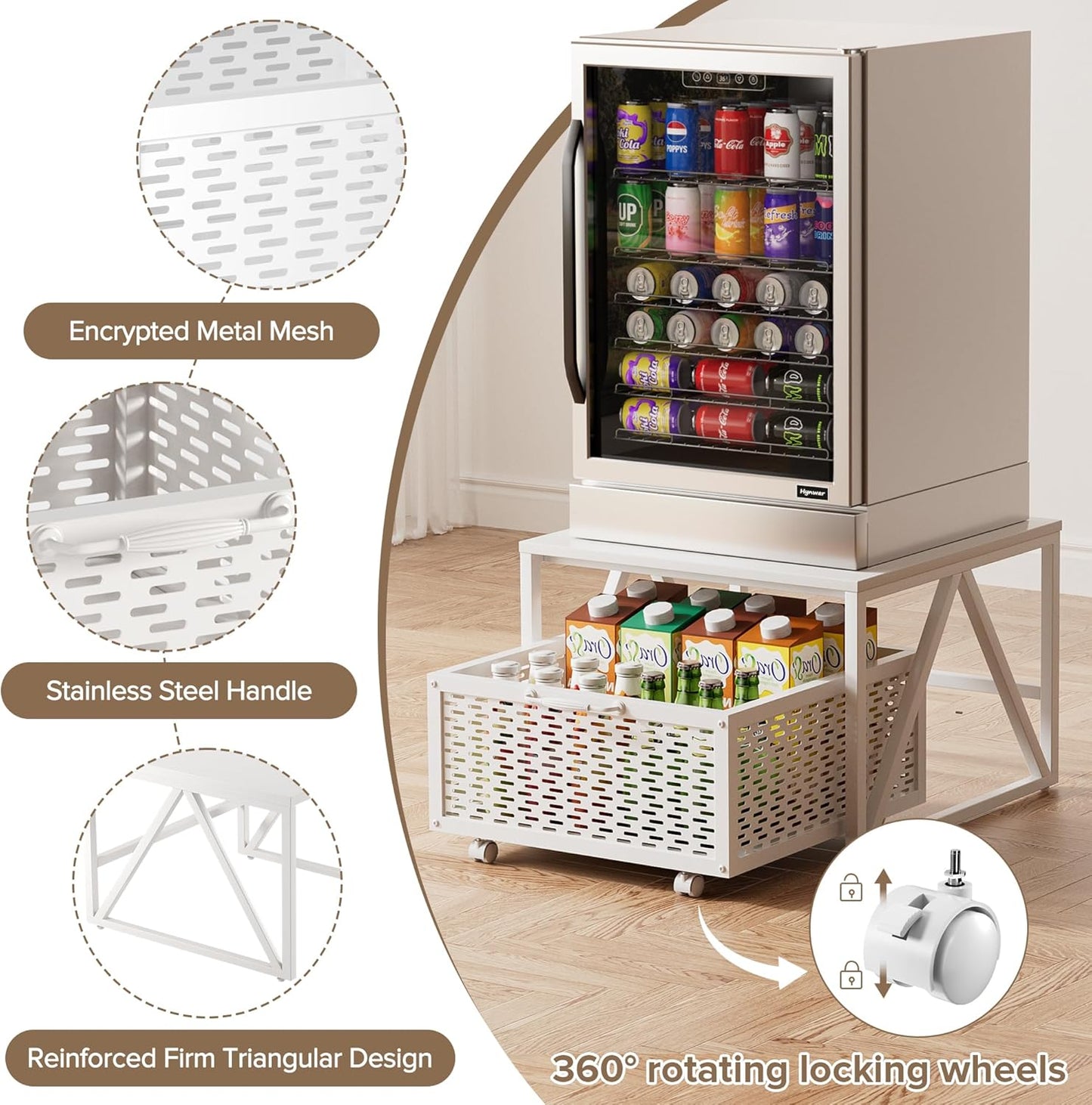 Urban Deco Mini Fridge Stand with Storage, Heavy Duty Fridge Cart with Drawer Basket, Mini Refrigerator Table for 220 LBS, Mobile Fridge Stand with Swivel Wheels for Dorm,Office,Home,White