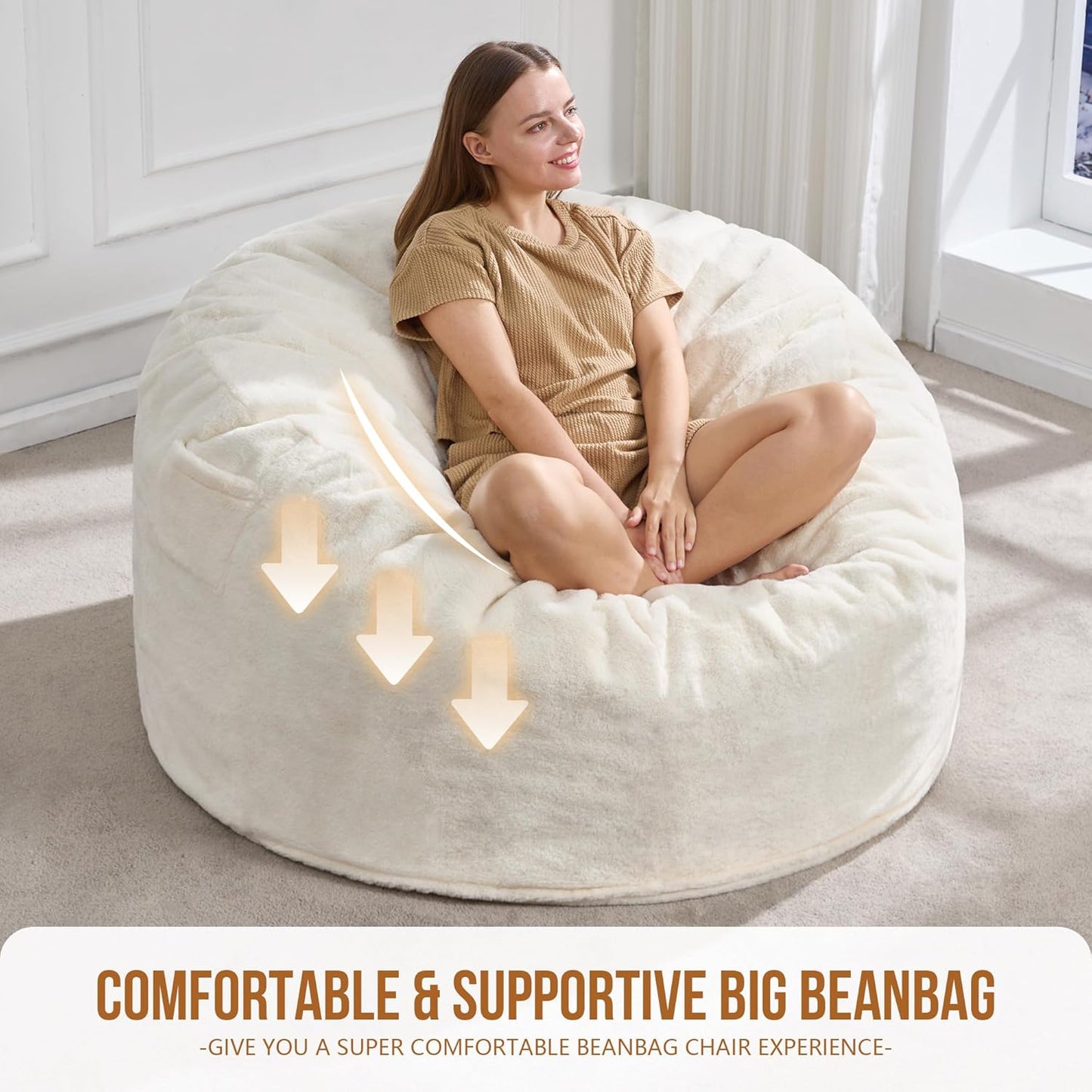 Hobestluk 4FT Bean Bag Chairs for Adults Large Beanbag Chair with Plush Faux Fur Cover Big Bean Bag Chair for Living Room Bedroom Dorm Office - White (44” x 44” x 24”)