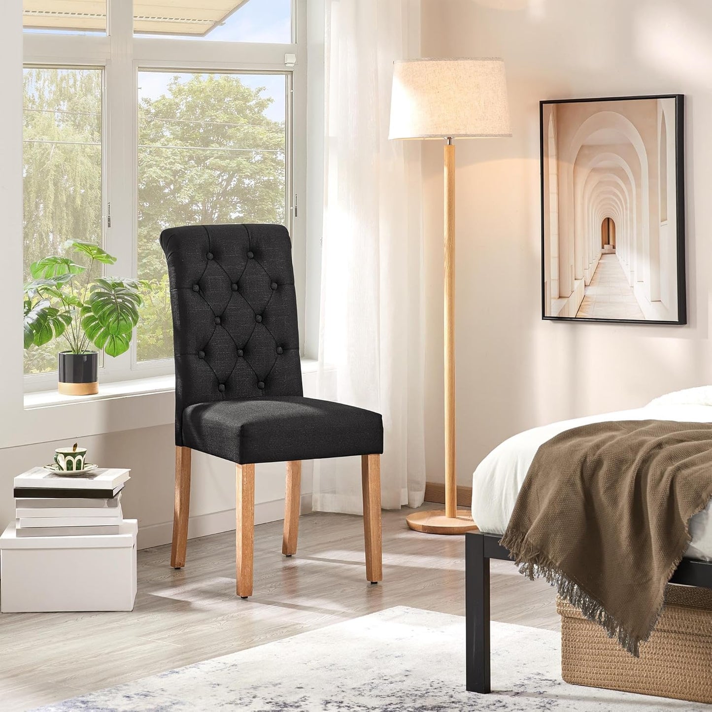 Yaheetech Dining Chairs Set of 2 Fabric Upholstered Dining Room Chairs with Button Tufted High Back and Solid Wood Legs for Kitchen/Living Room/Restaurant, Modern Style, Black