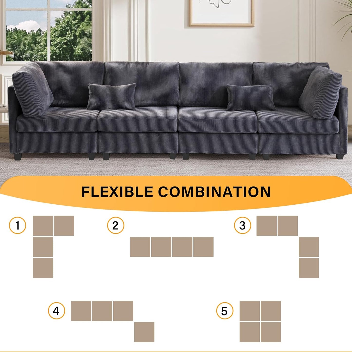 126" Convertible L-Shaped Modular Sectional Sofa, 4 Seater Corduroy Upholstered Corner Sofa Couch with Extra Wide Deep Seat, DIY Combination Lounger Sofa with Solid Wood Legs for Living Room Office