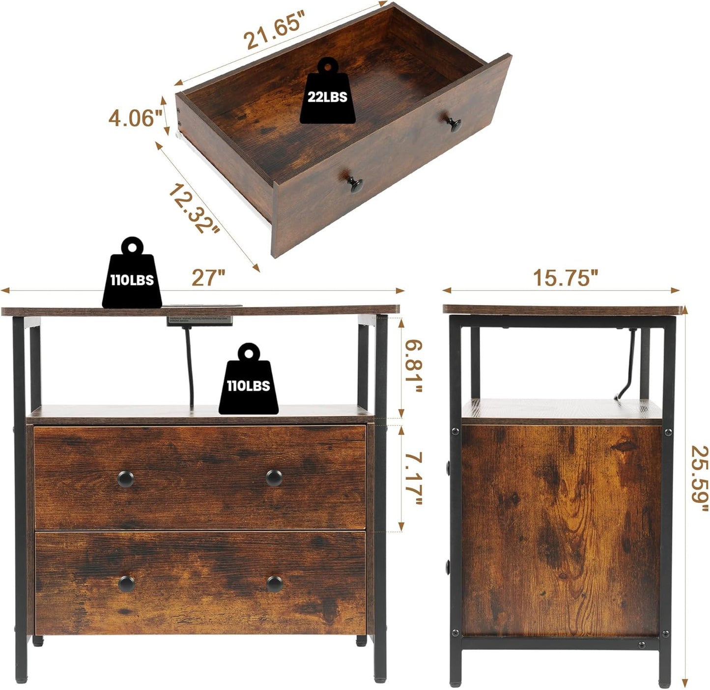 27 inch Wide Nightstand with Charging Station, Bedside Table with Open Shelf, 2 Drawers Small Wood Dresser, End Side Table for Bedroom (Rustic Brown)