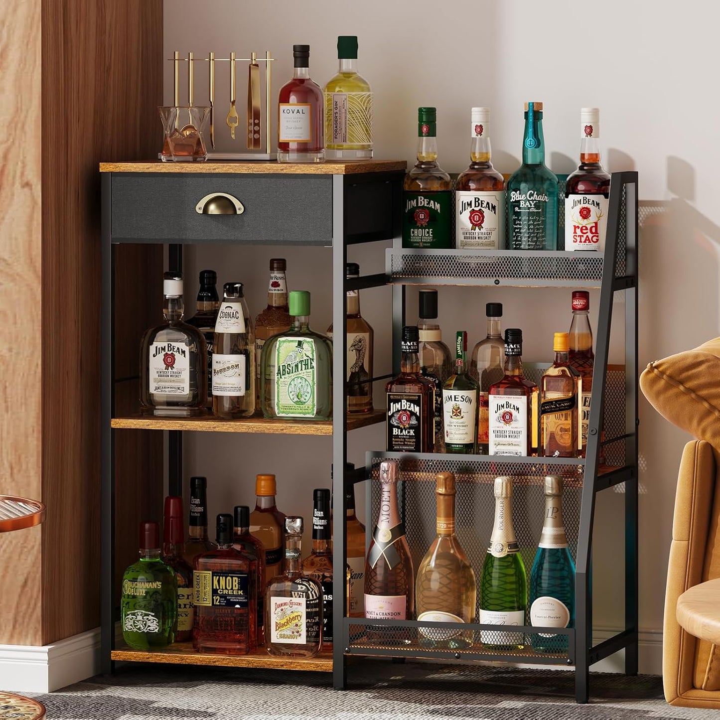 Liquor Cabinet Bar for Home with Drawer, 3-Tier Wine Rack Freestanding Floor and Wine Shelf with Step Design for Whiskey, Spirits, Vintage Mini Bar for Kitchen Apartment