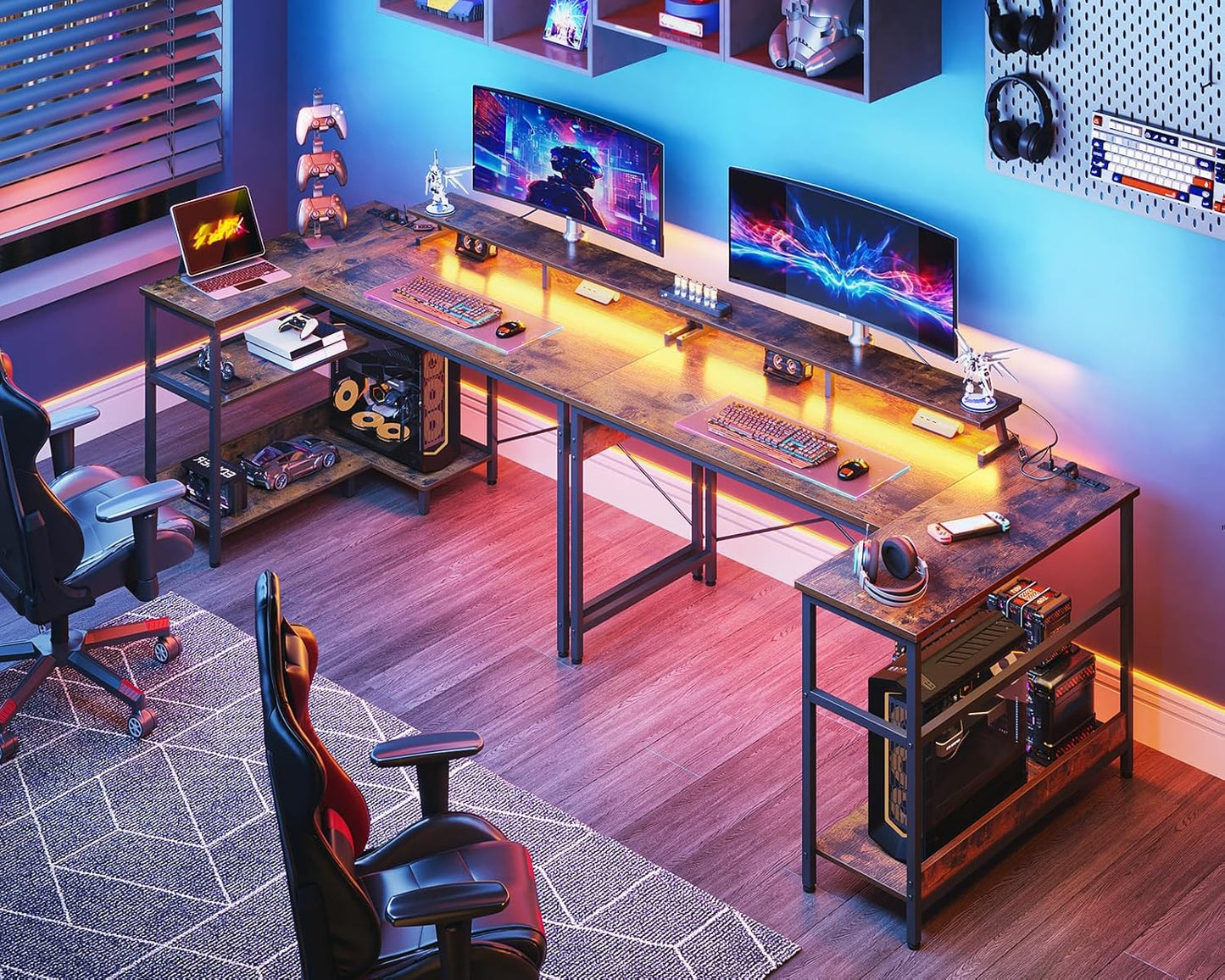 ODK 48 Inch Gaming Desk with USB Charging Ports and LED Lights, Reversible L Shaped Computer Desk with Storage Shelves & Monitor Stand, Corner Home Office Desk Table with Power Outlets, Vintage