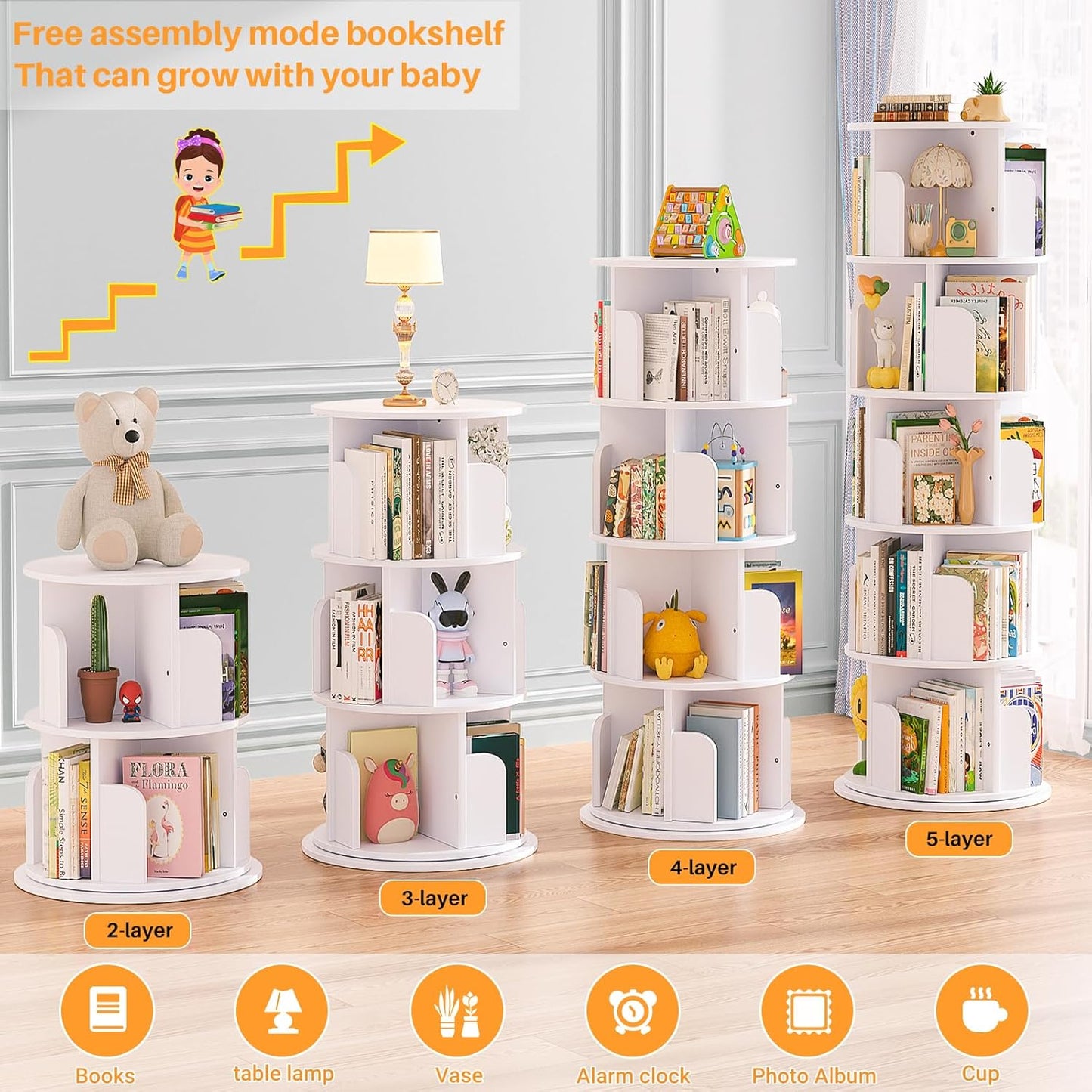 Aheaplus Rotating Bookshelf, 360 Display Wood Spinning Bookshelf Tower, 5 Tier Floor Standing Bookcase Storage Rack, Revolving Bookcase Corner Bookshelfs for Small Space, Bedroom, Study Room, White