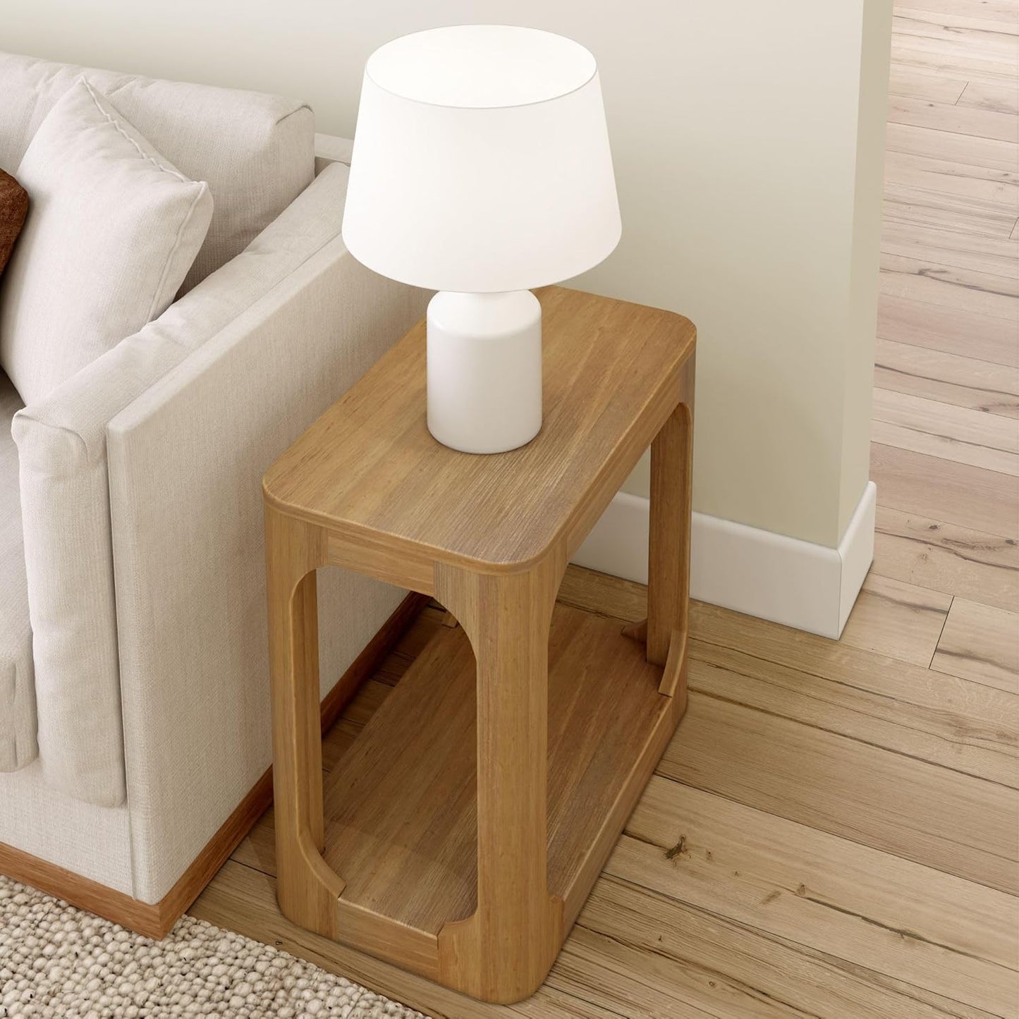 Plank+Beam Modern Rounded Rectangular Side Table with Shelf, Solid Wood End Table for Living Room, 25in, Pecan
