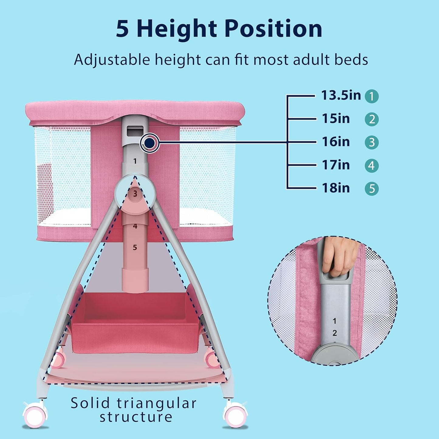 Baby Bassinet Bedside Sleeper, 3 in 1 Rocking Bassinet for Baby, Arms Reach Co Sleeper Bassinet with Wheels, Adjustable Height, Storage, Mattress & Canopy (Pink)