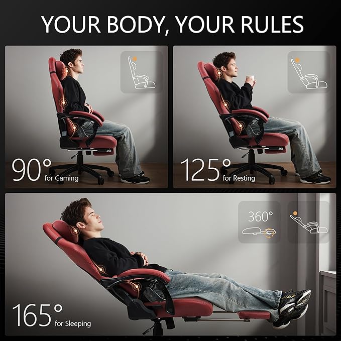 Dowinx Gaming Chair for Adults with Dual-Point Massage, Ergonomic Racing Style Game Chair Footrest, High Back Computer Chair 360° Swivel for Office,400LBS, Red