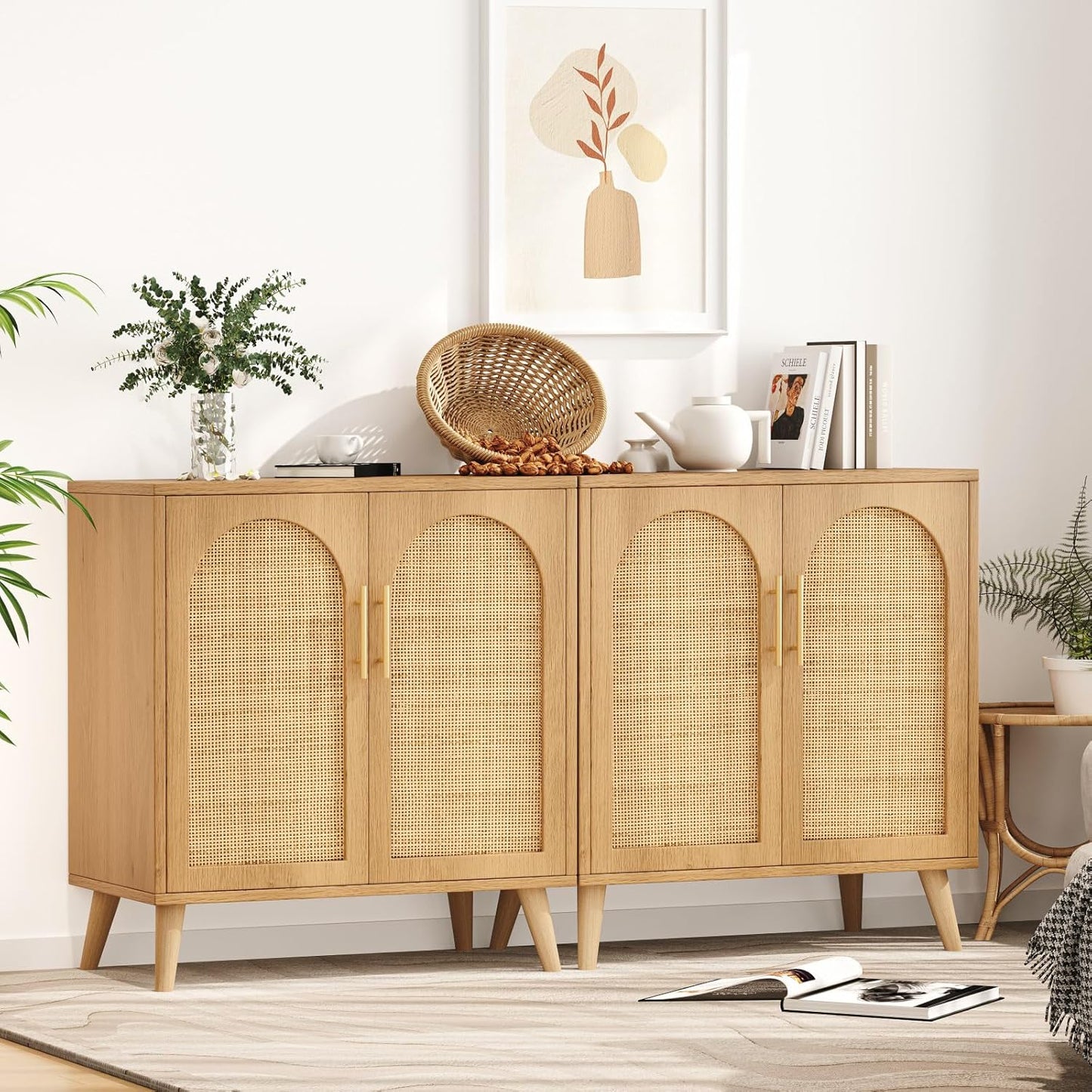 Rovaurx Set of 2 Rattan Storage Cabinet with Doors, Accent Bathroom Floor Cabinet, Modern Sideboard Buffet for Living Room, Entryway, Dining Room and Kitchen, Natural BMGZ108M02