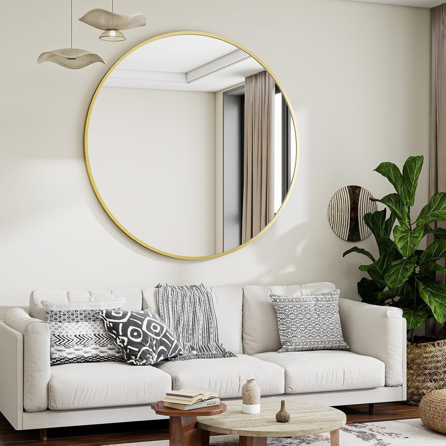 Black Round Bathroom Mirror, 42 inch Large Circle Wall Mounted Hanging Mirror with Simple Modern Circular Metal Frame for Hallway, Entryway, Living Room, Gold Frame
