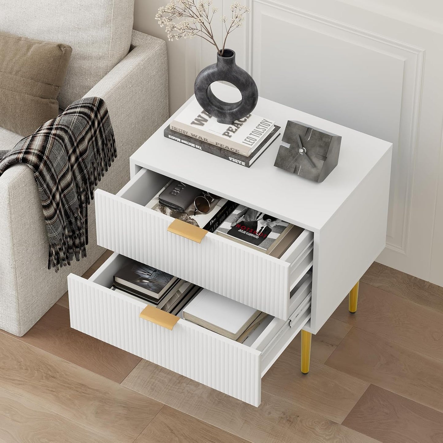 Set of 2 Nightstand, White Mid Century Modern Night Stand with Fluted Panel, Bedside Table with 2 Drawer, Large NightStand with Gold Leg for Bedroom