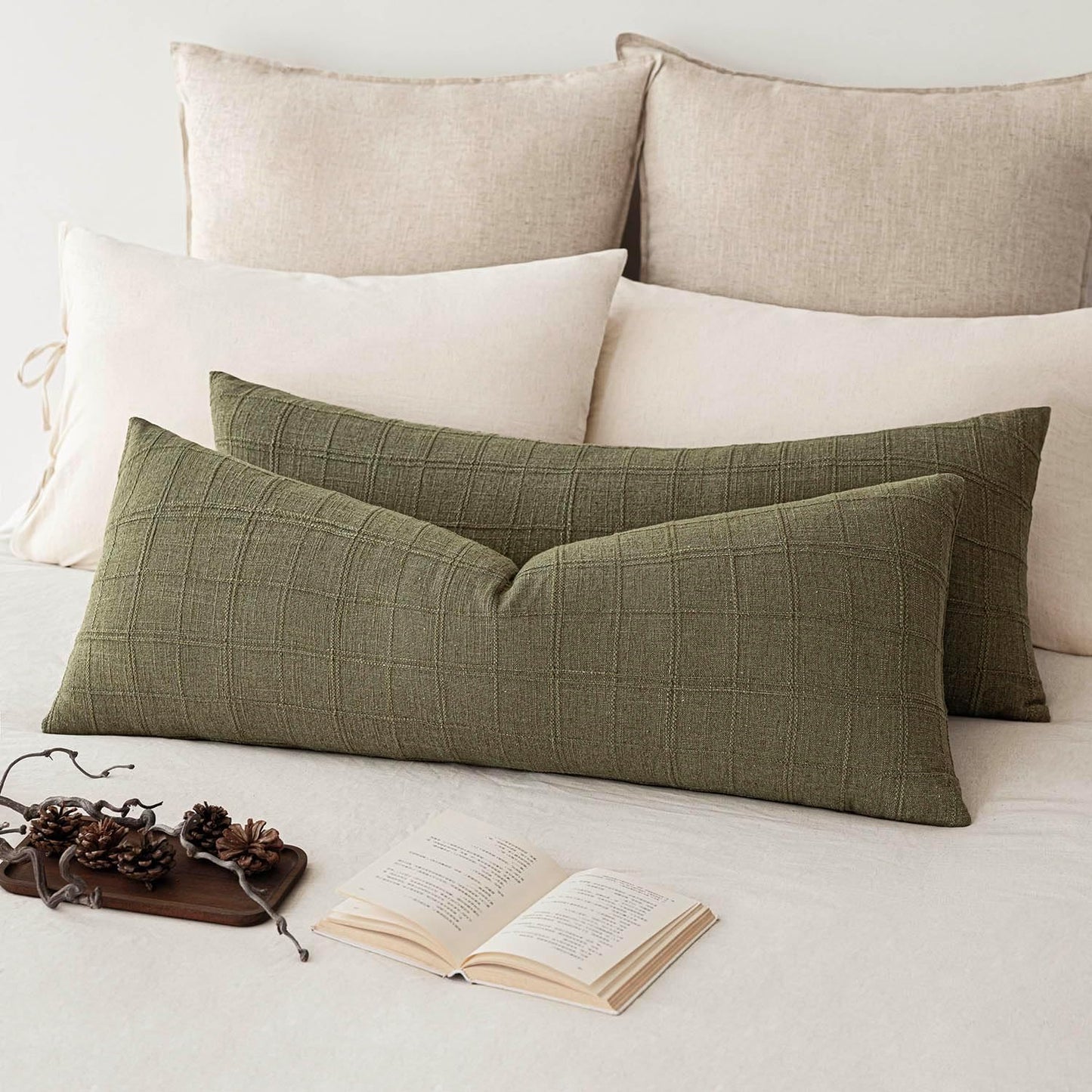 Foindtower Set of 2 Decorative Linen Check Throw Pillow Covers Neutral Long Body Lumbar Cushion Covers Farmhouse Vintage Boho Home Decor for Sofa Chair Couch Bedroom Living Room,14×36 Inch,Sage Green