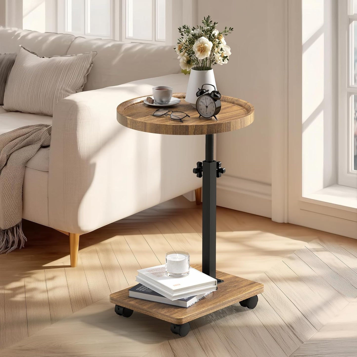 PPAMAPIC C Shaped End Table Adjustable Height, 360°Swivel TV Tray Table for Small Spaces, Side Table for Living Room, Couch Tables That Slide Under for Sofa Bed Chair