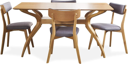 Christopher Knight Home Nissie Mid-Century Wood Dining Set with Fabric Chairs, 5-Pcs Set, Natural Oak Finish / Dark Grey