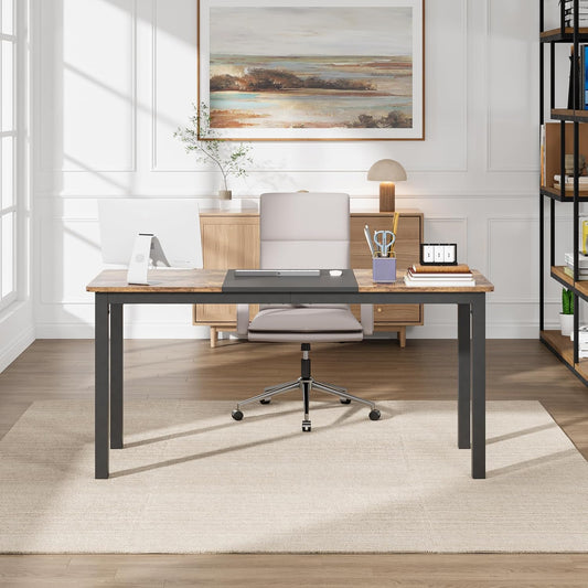 GarveeHome 63 Inch Computer Desk, Modern Office Desk with Metal Frame, Large Gaming Desk, Sturdy Writing Workstation for Study, Home, Office, 23.6" D x 63" W, Black and Brown