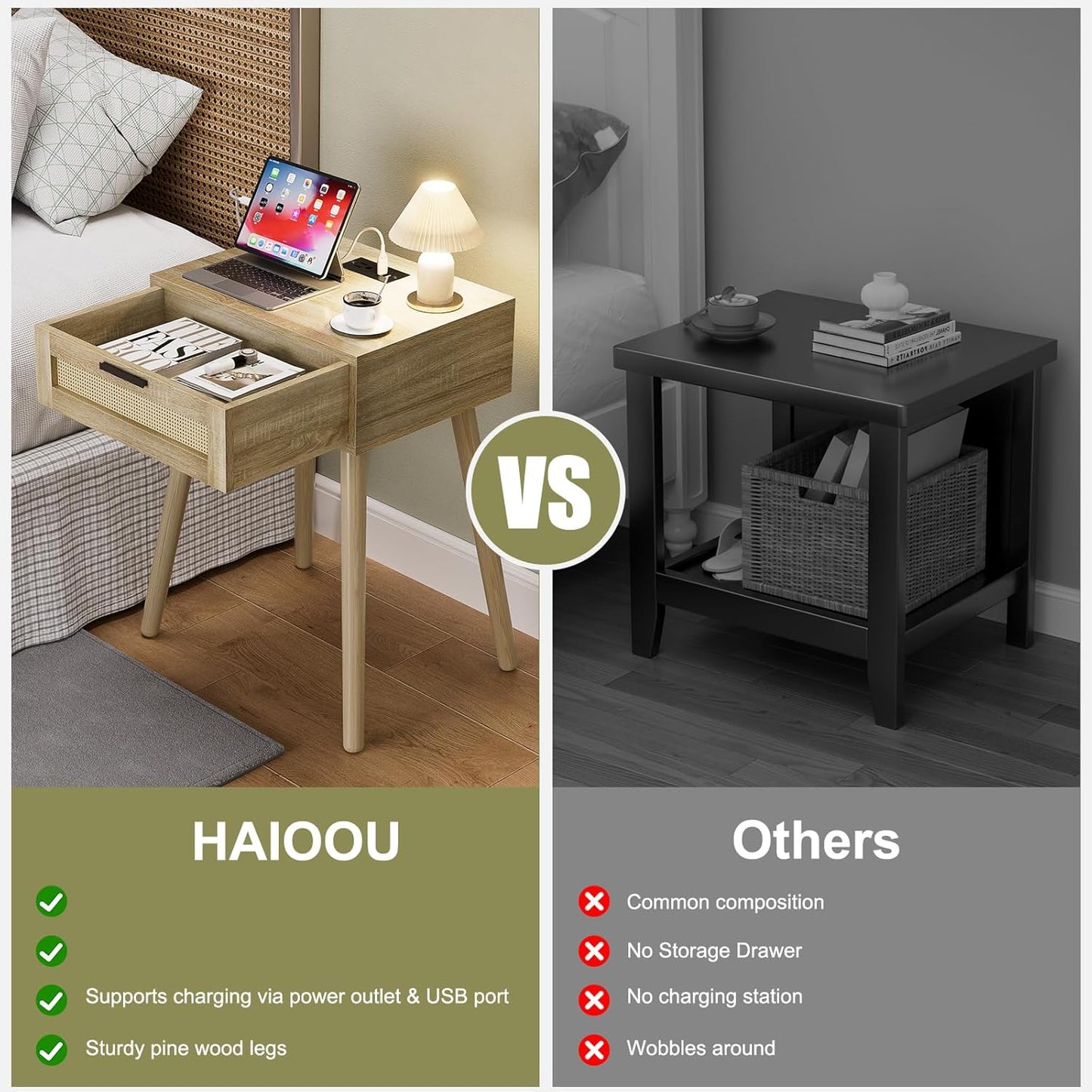 HAIOOU Nightstand with Charging Station Rattan Drawer, Mid Century Modern Side Table, End Beside Table with Pine Wood Legs Storage for Bedroom Living Room