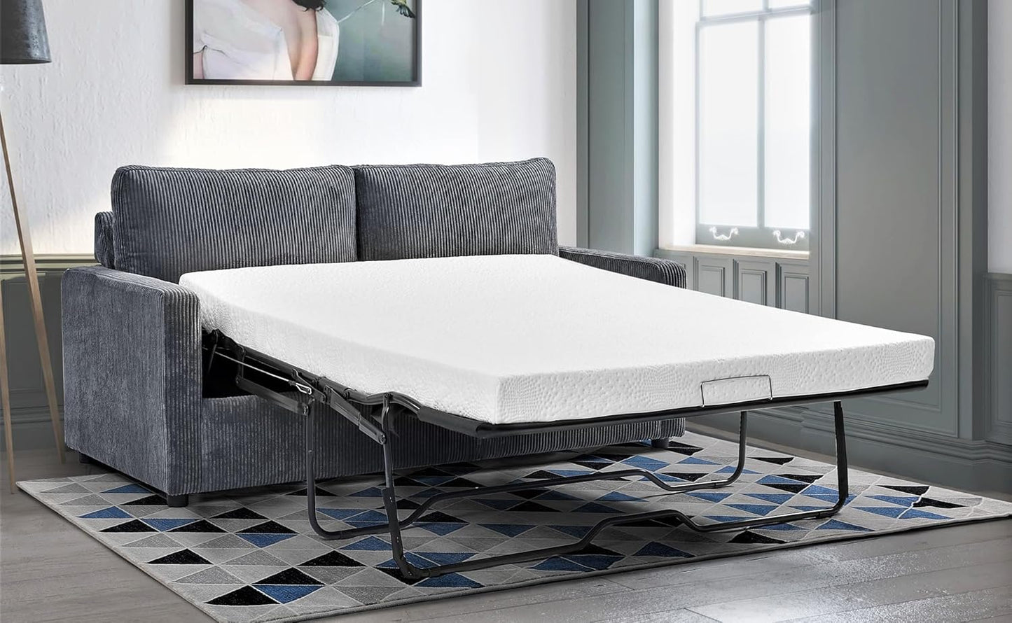 Reversible Sleeper Sofa Bed with Comfortable Memory Foam Mattress, Convertible Corduroy Full Size Pull Out Couch for Living Room, Space Saving Furniture, 70" Wide, Rectangular Arms, Grey