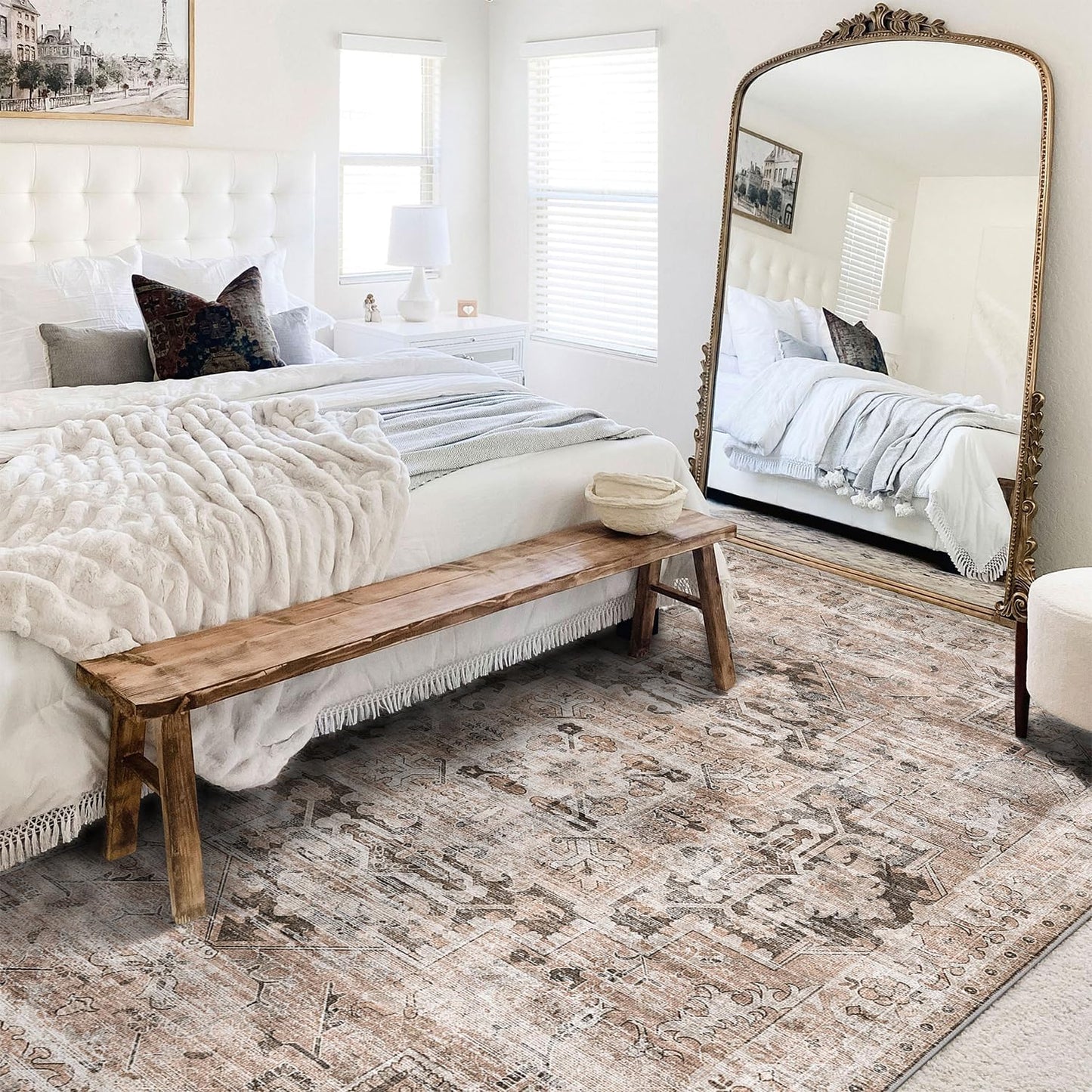 GENIMO 8x10 Area Rugs for Living Room, Machine Washable Non Slip Vintage Rugs, Low Pile Lightweight Chenille Print Rug for Bedroom, Dining Room, Home Office, Brownish Drab