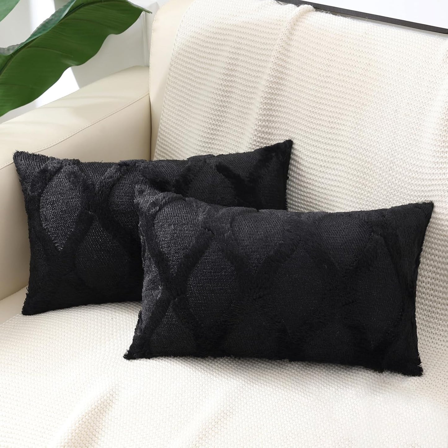 decorUhome Throw Pillow Covers 12x20 Inch Set of 2, Soft Plush Faux Fur Wool Lumbar Black Couch Pillow Covers, Decorative Neutral Pillow Cases for Bed Sofa Living Room Home Decor