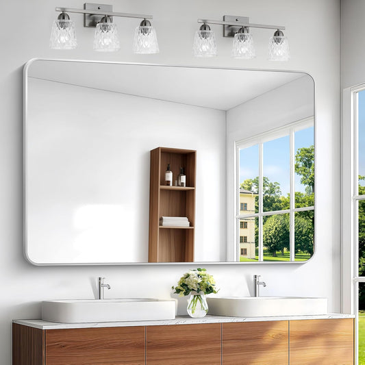 BONEWEI Silver Bathroom Mirror,60x40 inch Wall Mirror for Bathroom Wall Mounted,Rectangle Mirror for Bathroom Over Sink,Modern Frame Round Corner for Living Room,Bedroom Entryway,Horizontal/Vertical