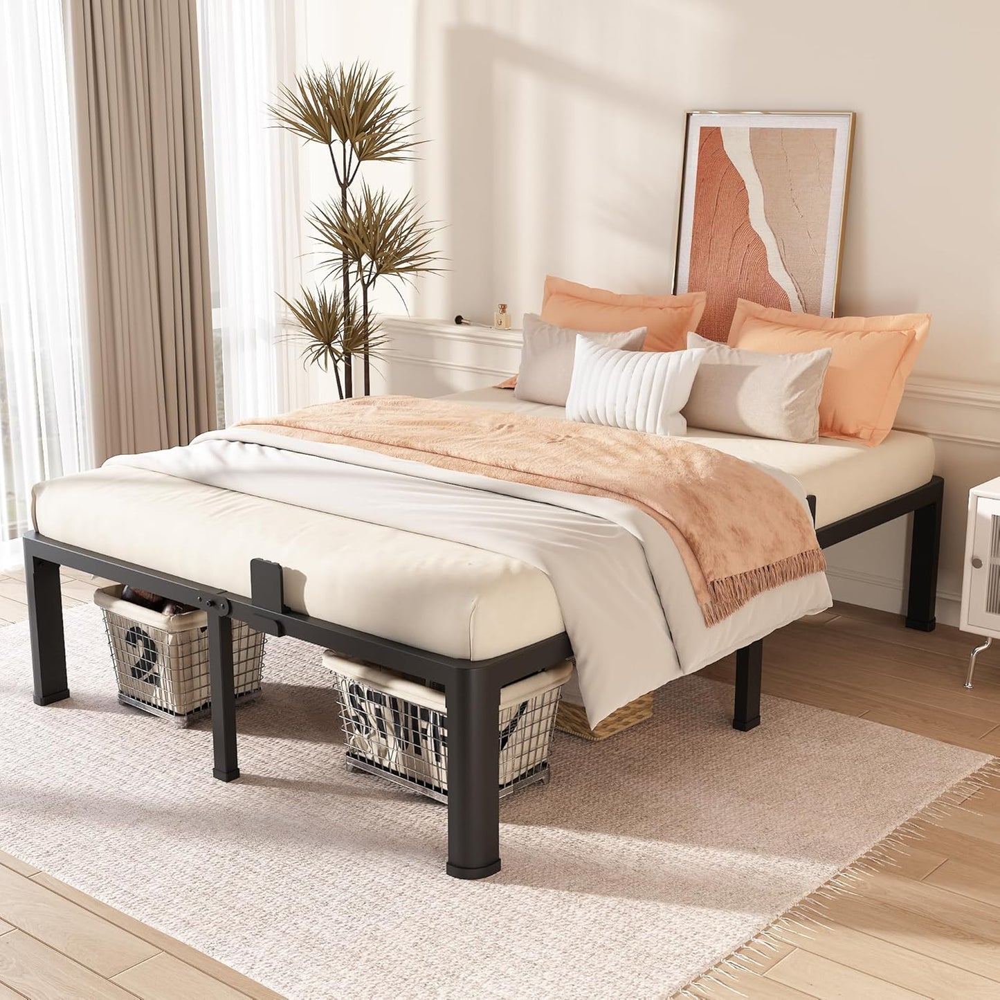 FUIOBYVV Full Size Bed Frame with Round Corner Edge Legs 16 inch Heavy Duty Support 3500 lbs Metal Platform Bed Frame Full No Box Spring Needed/Non-Slip/Steel Slat Support/Noise Free