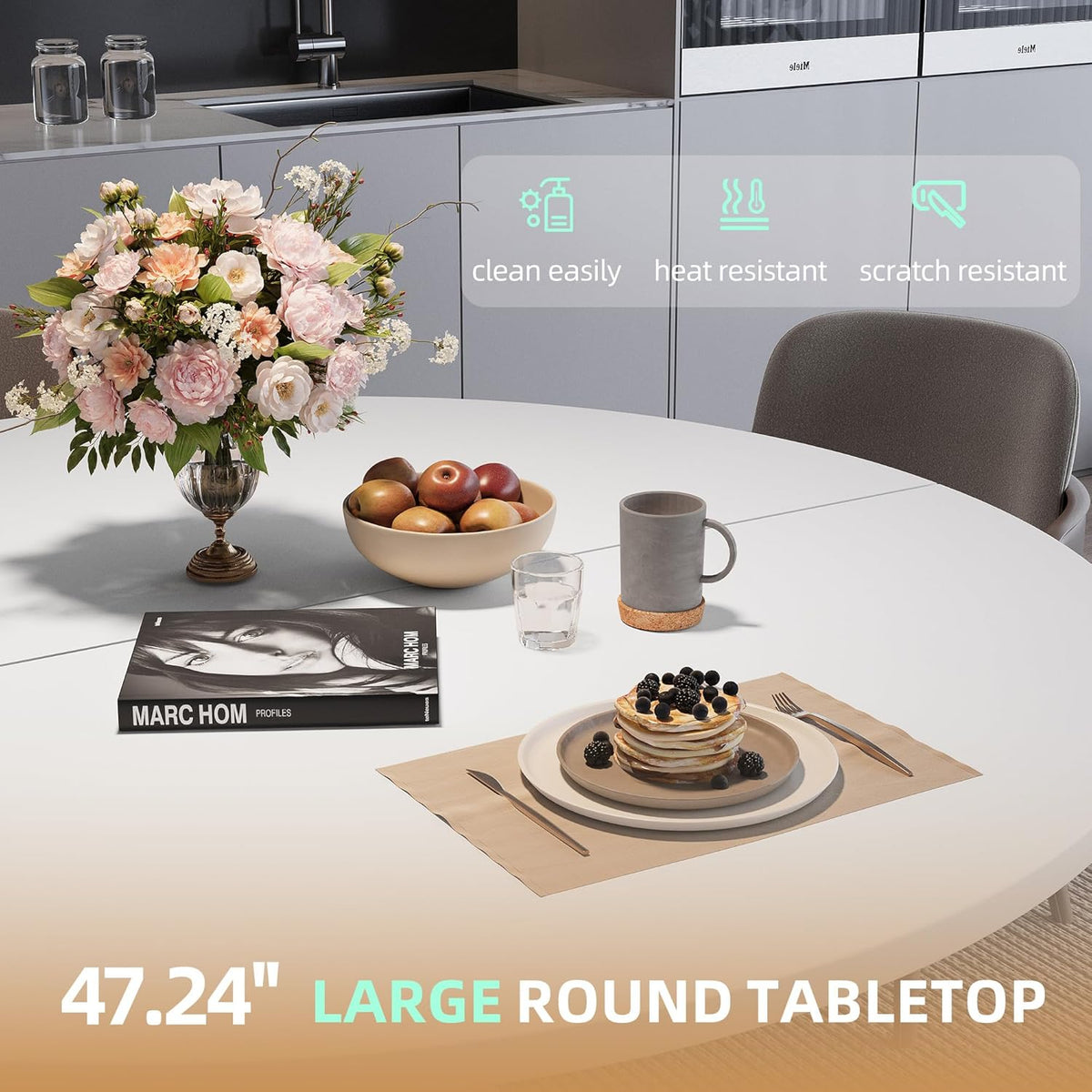 47.24" Round Dining Table, Modern Dining Room Table for 4-6 Person, Wood Round Kitchen Table with Metal Legs, Round Coffee Table for Home Dining Room Living Room (White)