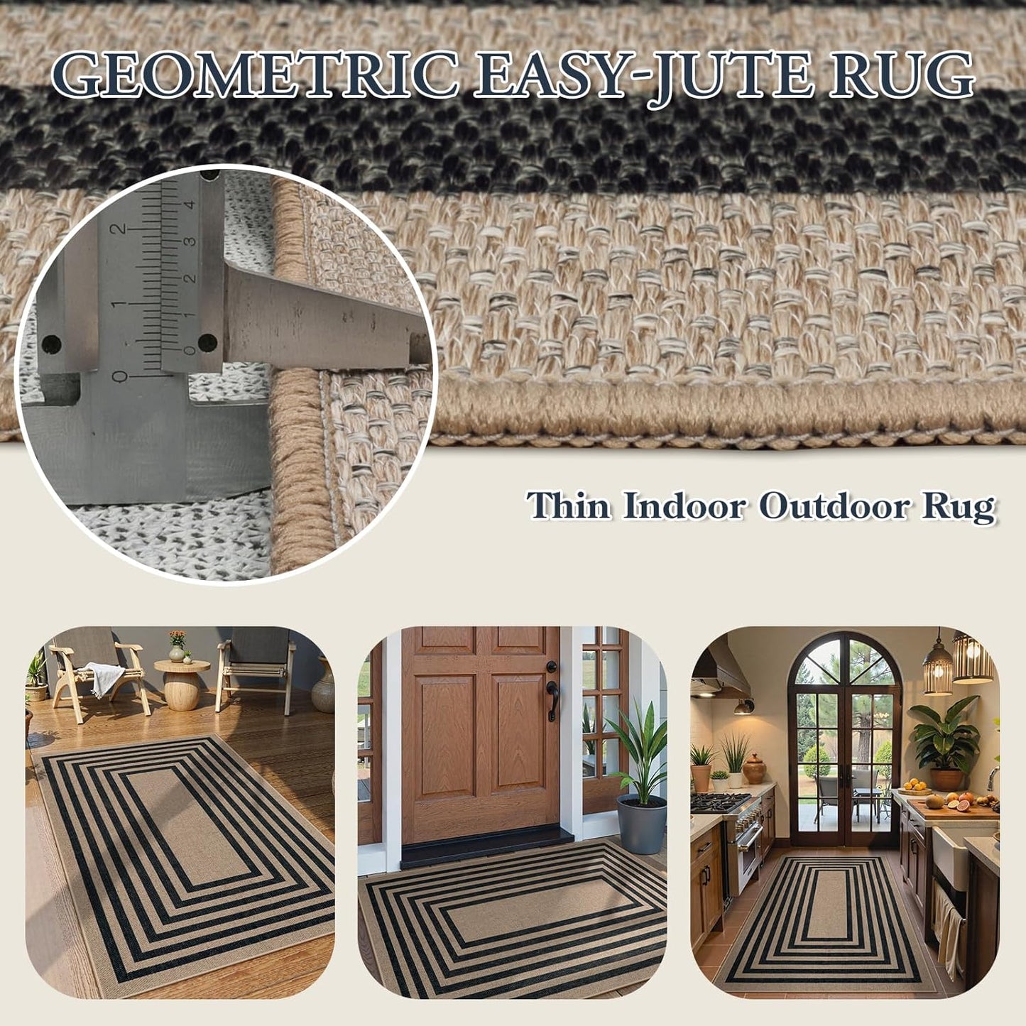 Lahome Modern Geometric Easy Jute Outdoor Rug, 3x5 Black Washable Kitchen Rugs for Bedroom Thin Non Slip Indoor Door Mat, Non Slip Farmhouse Carpet for Office Patio