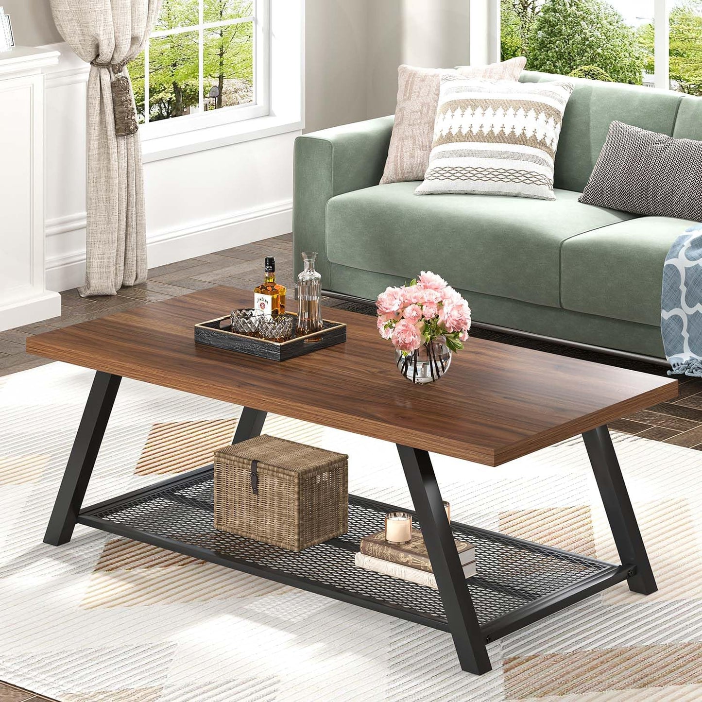 FOLUBAN Modern Coffee Table, Rustic Wood and Metal Center Table with Storage, Industrial Rectangle Cocktail Tea Table for Living Room, Walnut, 47 Inch
