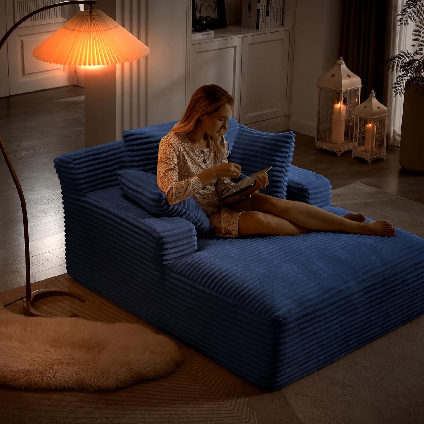 Oversized Chaise Daybed Lounge Sleeper Chair Sofa Full Foam Cloud Chaise Sofabed for Living Room,Luxury Plush Corduroy Upholstered Sleeper Couch Extra Wide Chair Bed W/3 Pillows for Home/Apartment