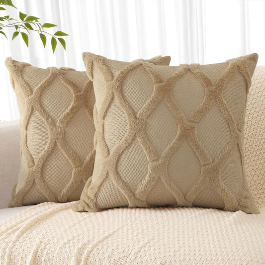 decorUhome Throw Pillow Covers 26x26 Inch Set of 2, Soft Plush Faux Fur Wool Khaki Couch Pillow Covers, Decorative Neutral Pillow Cases for Bed Sofa Living Room Home Decor