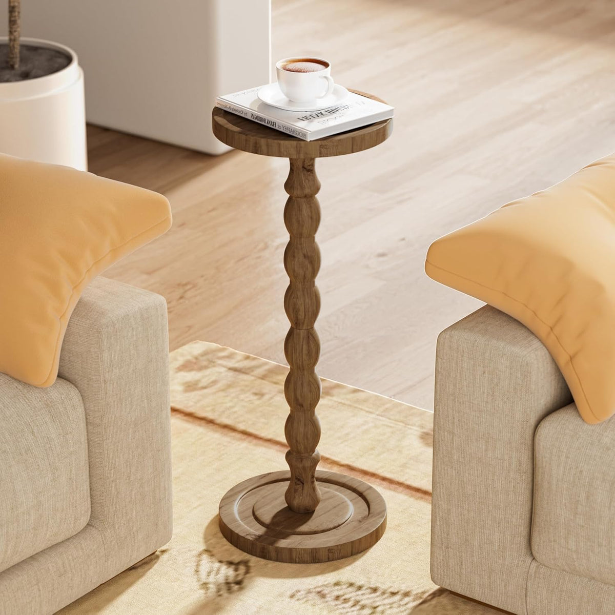 2 Pack Solid Wood Drink Table, Rubber Wood‌ Small Round Side Table for Small Spaces, Martini Tables, Pedestal End Tables for Living Room, Bedroom, Corners, and Office (Brown, 9.4 inch)